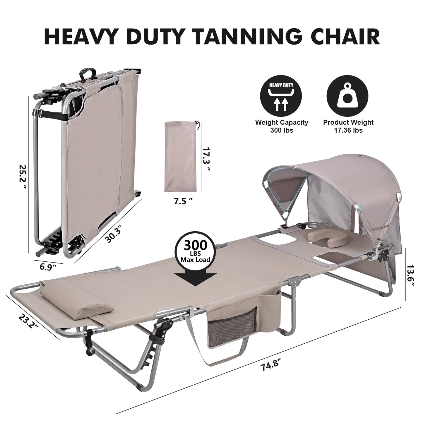Minndudu Heavy Duty Tanning Lounge Chair with Sun Canopy Face Arm Hole