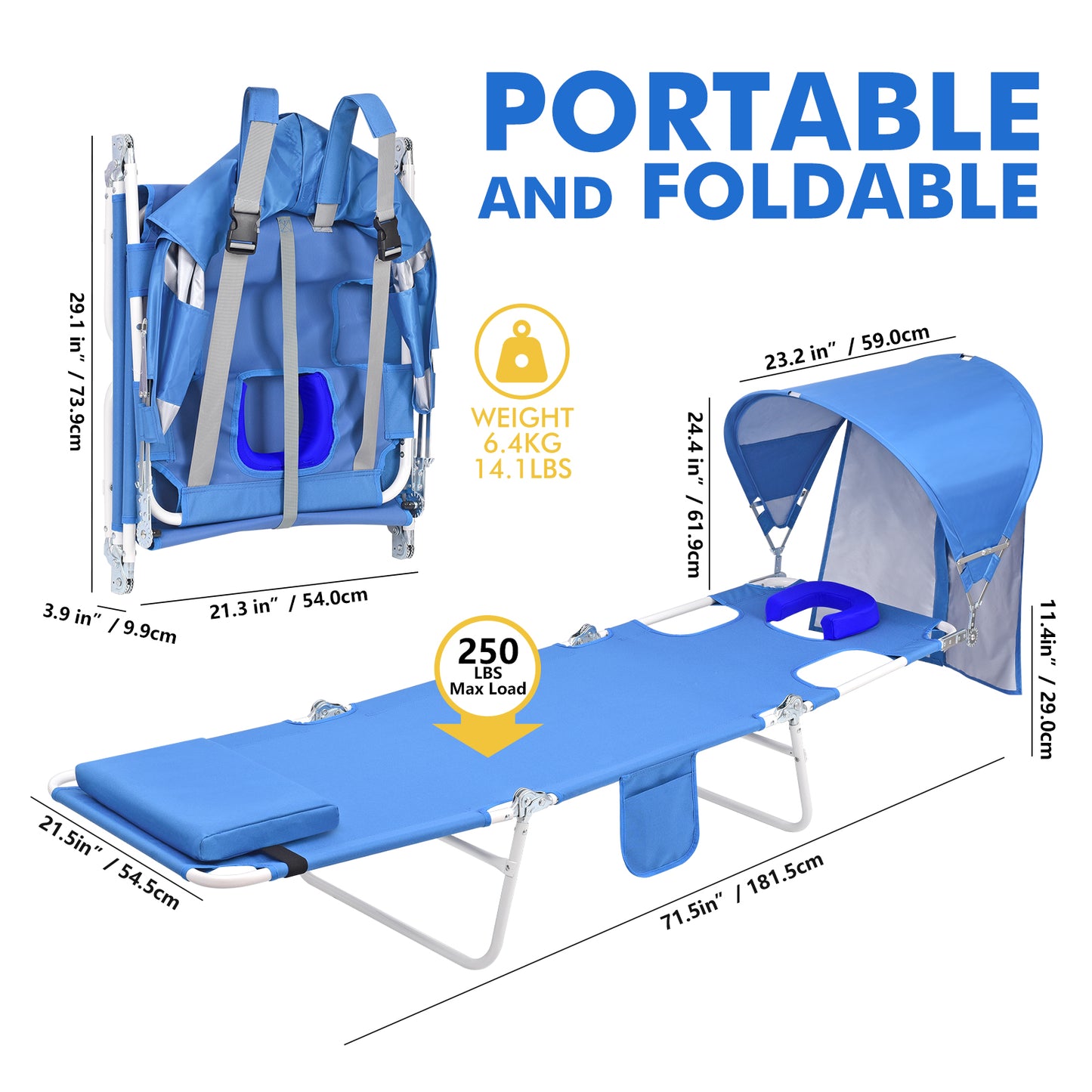 Minndudu Backpack Beach Tanning Chair with Face Hole Sun Canopy Umbrella