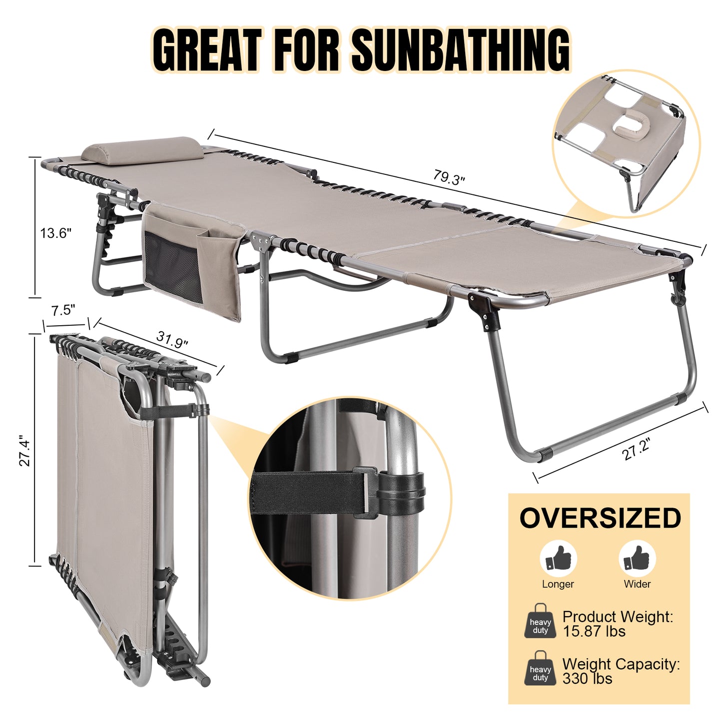 Minndudu Heavy Duty Tanning Lounge Chair with Face Arms Hole