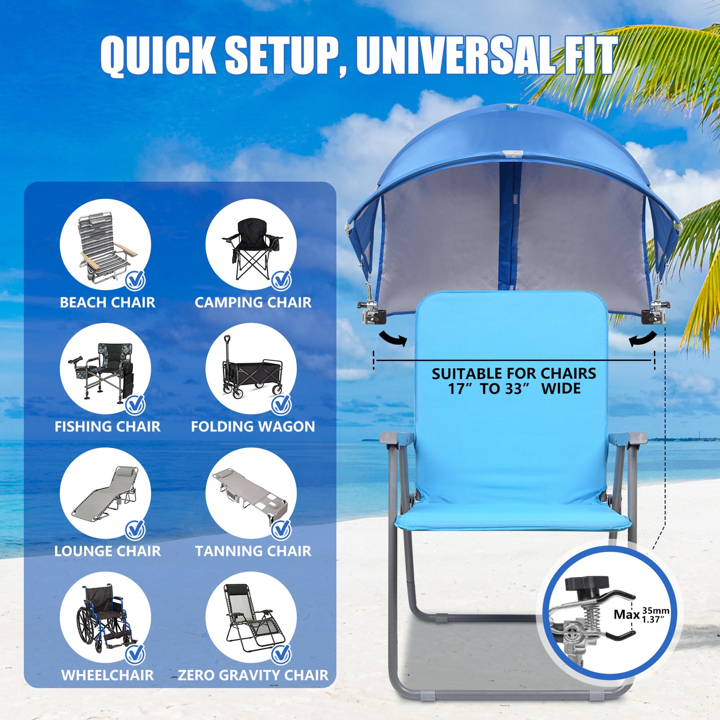 XL Universal Chair Umbrella Canopy with Heavy Duty Adjustable Clamp Clip for Most Beach Chair