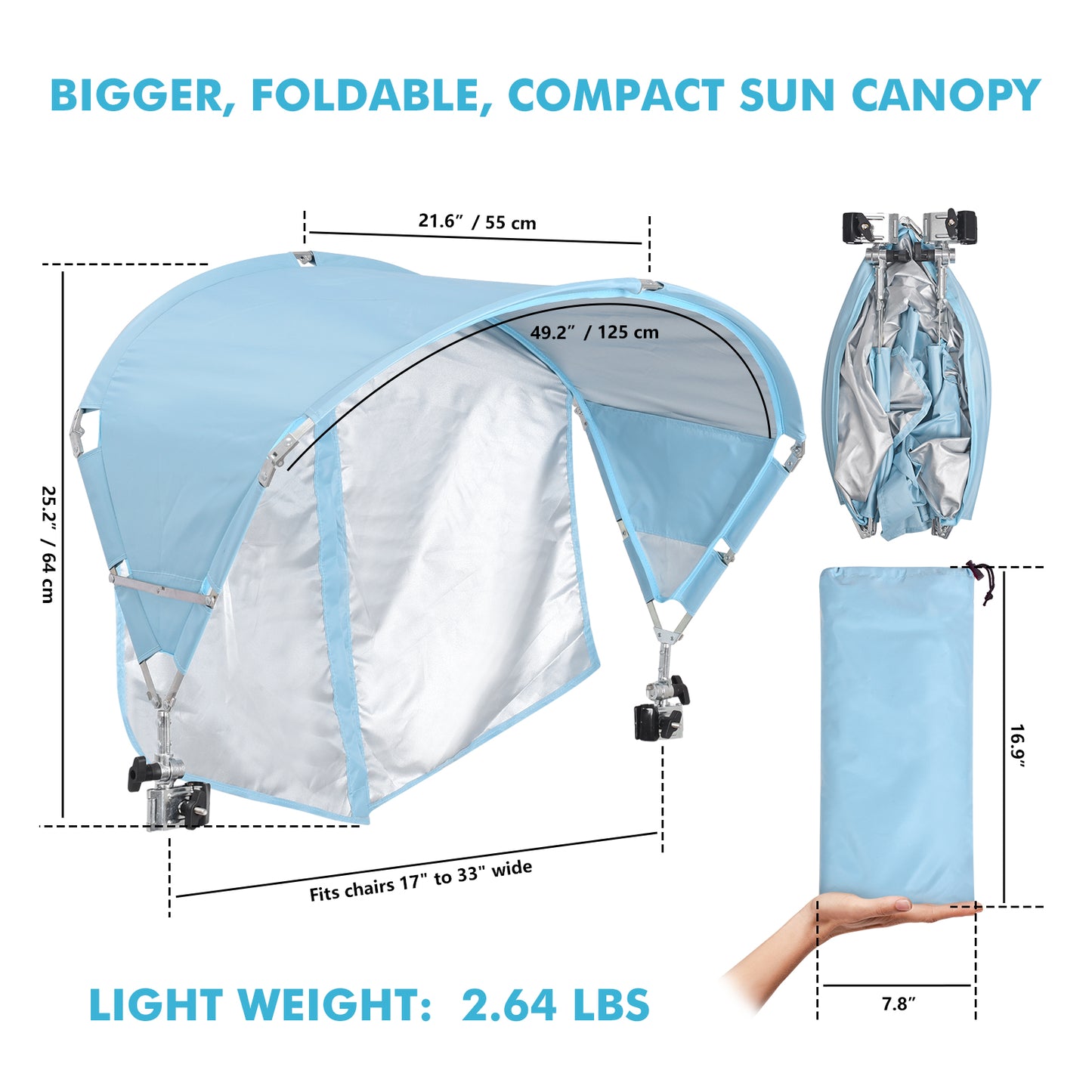 Universal Chair Umbrella Canopy with Heavy Duty Adjustable Clamp Clip for Most Beach Chair