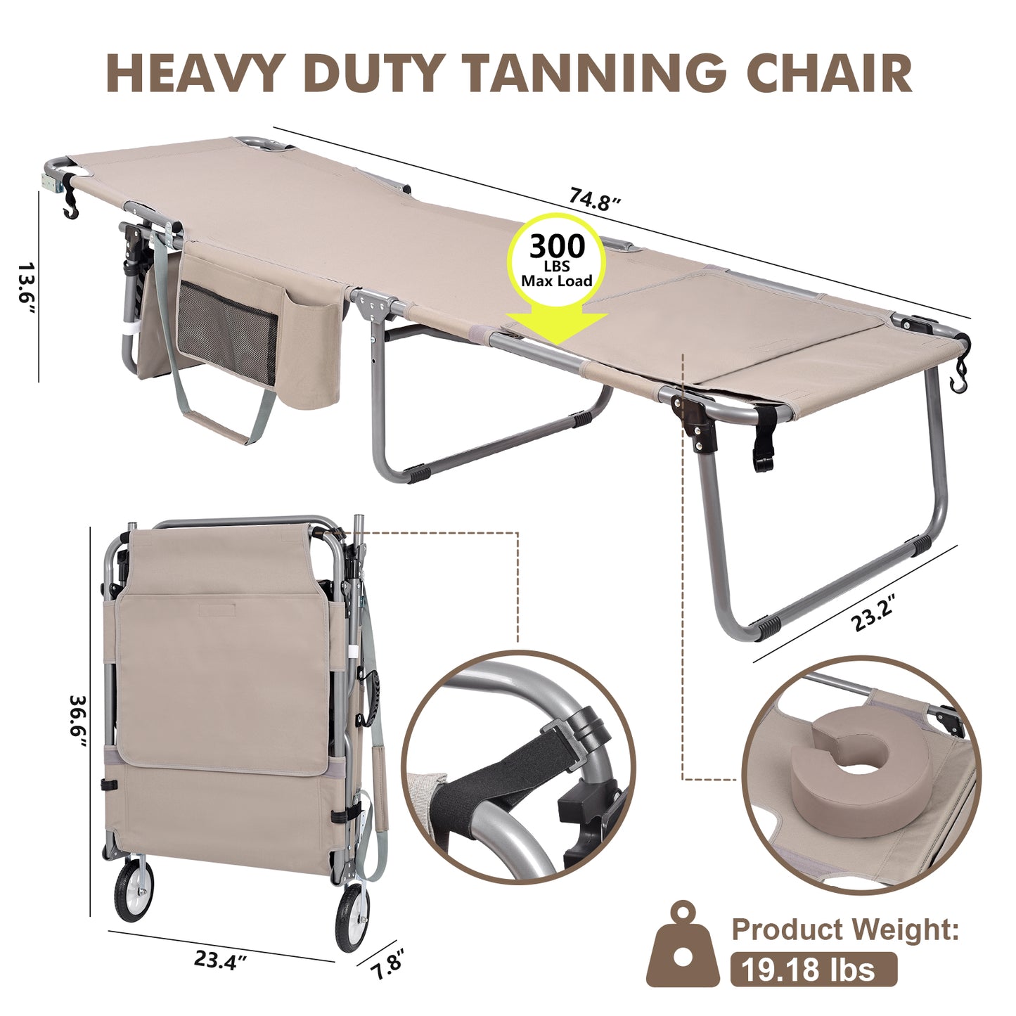 Wheel-To-Go Tanning Chair with Wheels & Face Hole & Thicker Washable Adjustable Pillow, Patent Design