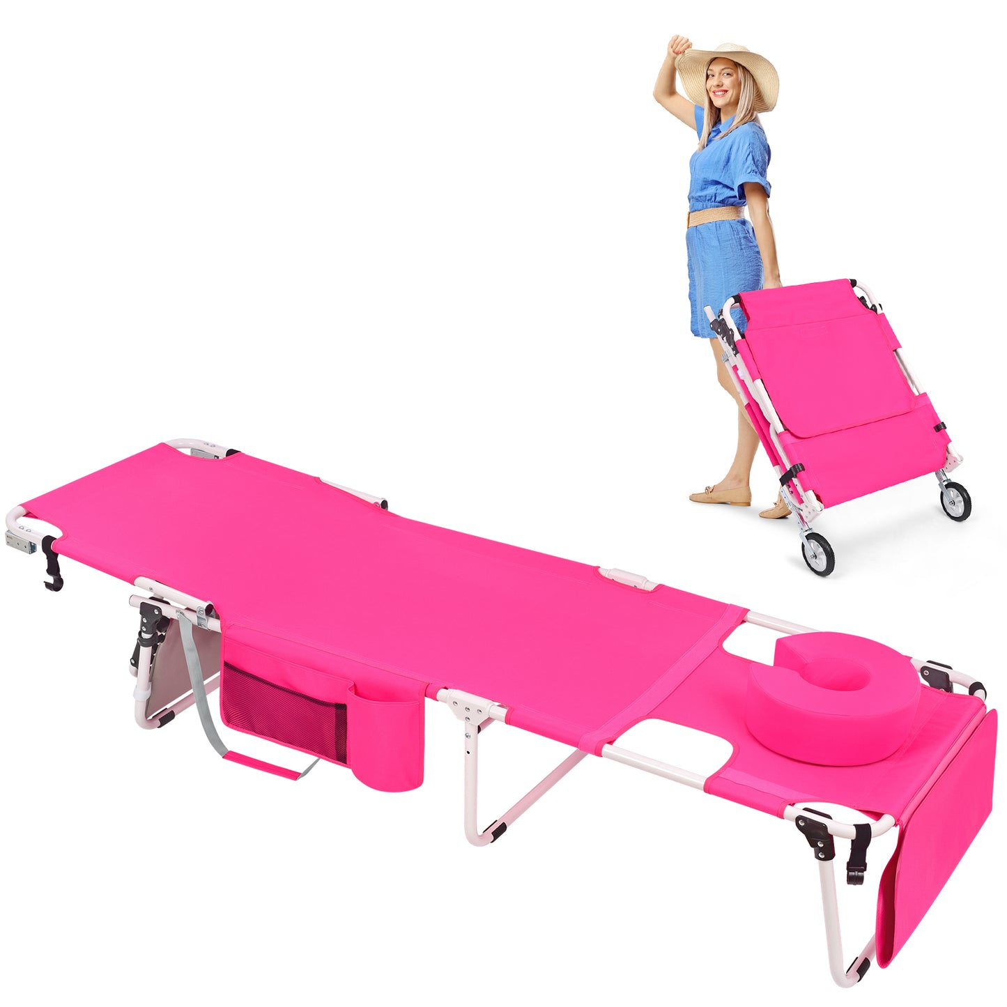 Wheel-To-Go Tanning Chair with Wheels & Face Hole & Thicker Washable Adjustable Pillow, Patent Design