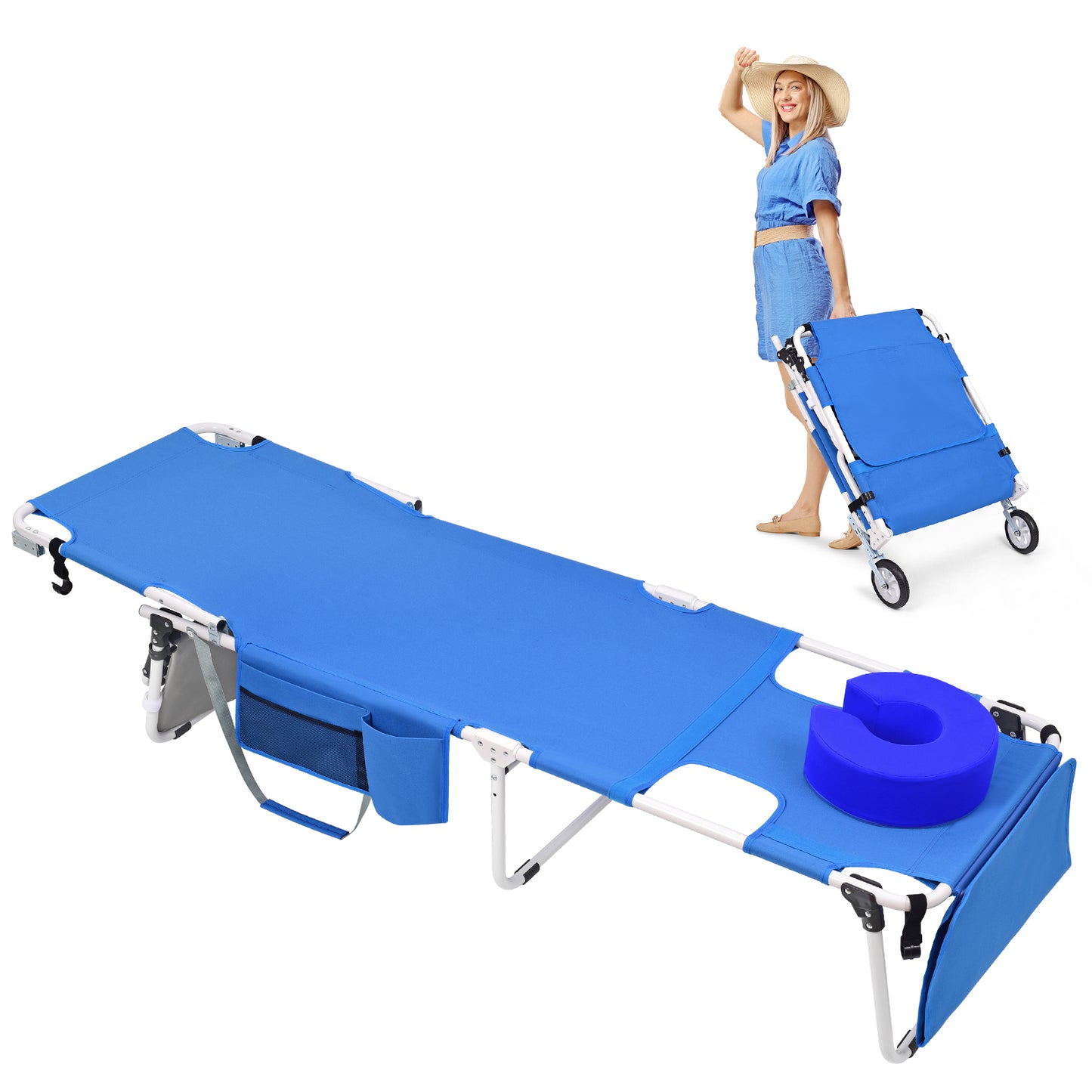 Wheel-To-Go Tanning Chair with Wheels & Face Hole & Thicker Washable Adjustable Pillow, Patent Design