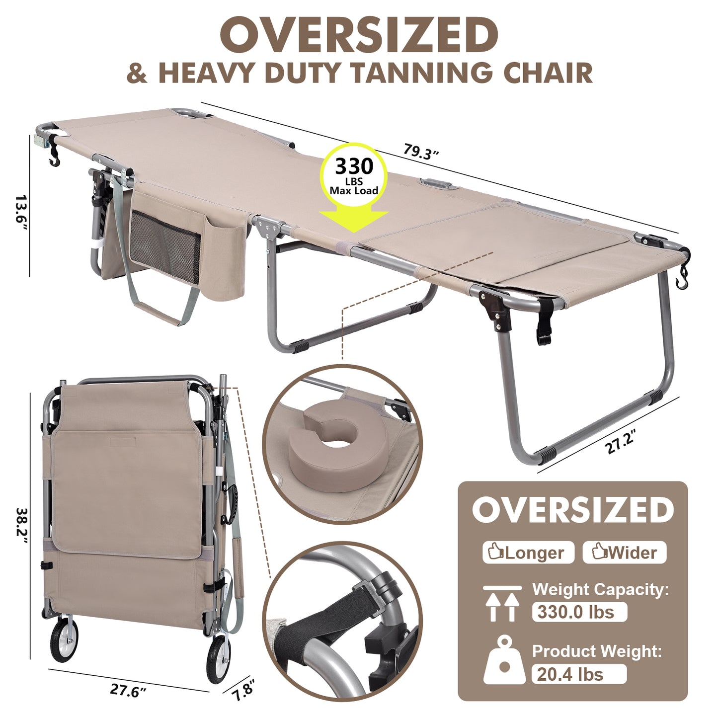Wheel-To-Go Tanning Chair with Wheels & Face Hole & Thicker Washable Adjustable Pillow, Patent Design