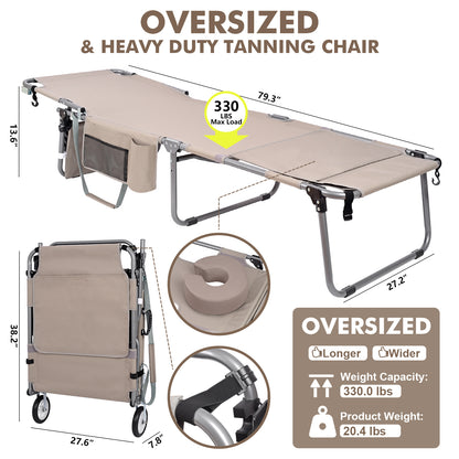 Wheel-To-Go Tanning Chair with Wheels & Face Hole & Thicker Washable Adjustable Pillow, Patent Design