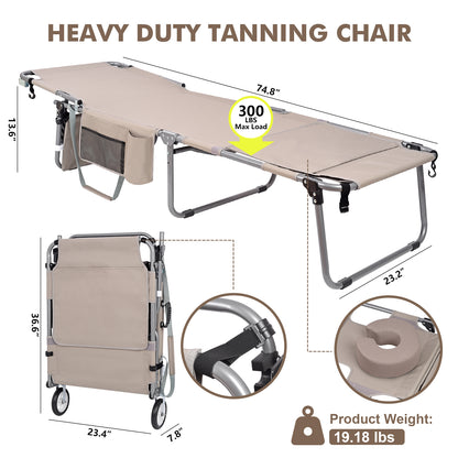 Wheel-To-Go Tanning Chair with Wheels & Face Hole & Thicker Washable Adjustable Pillow, Patent Design