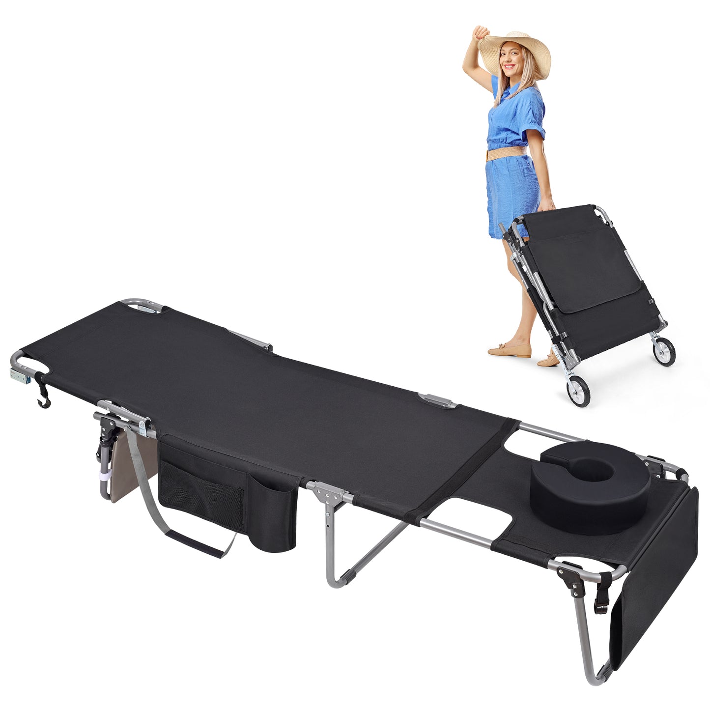 Wheel-To-Go Tanning Chair with Wheels & Face Hole & Thicker Washable Adjustable Pillow, Patent Design