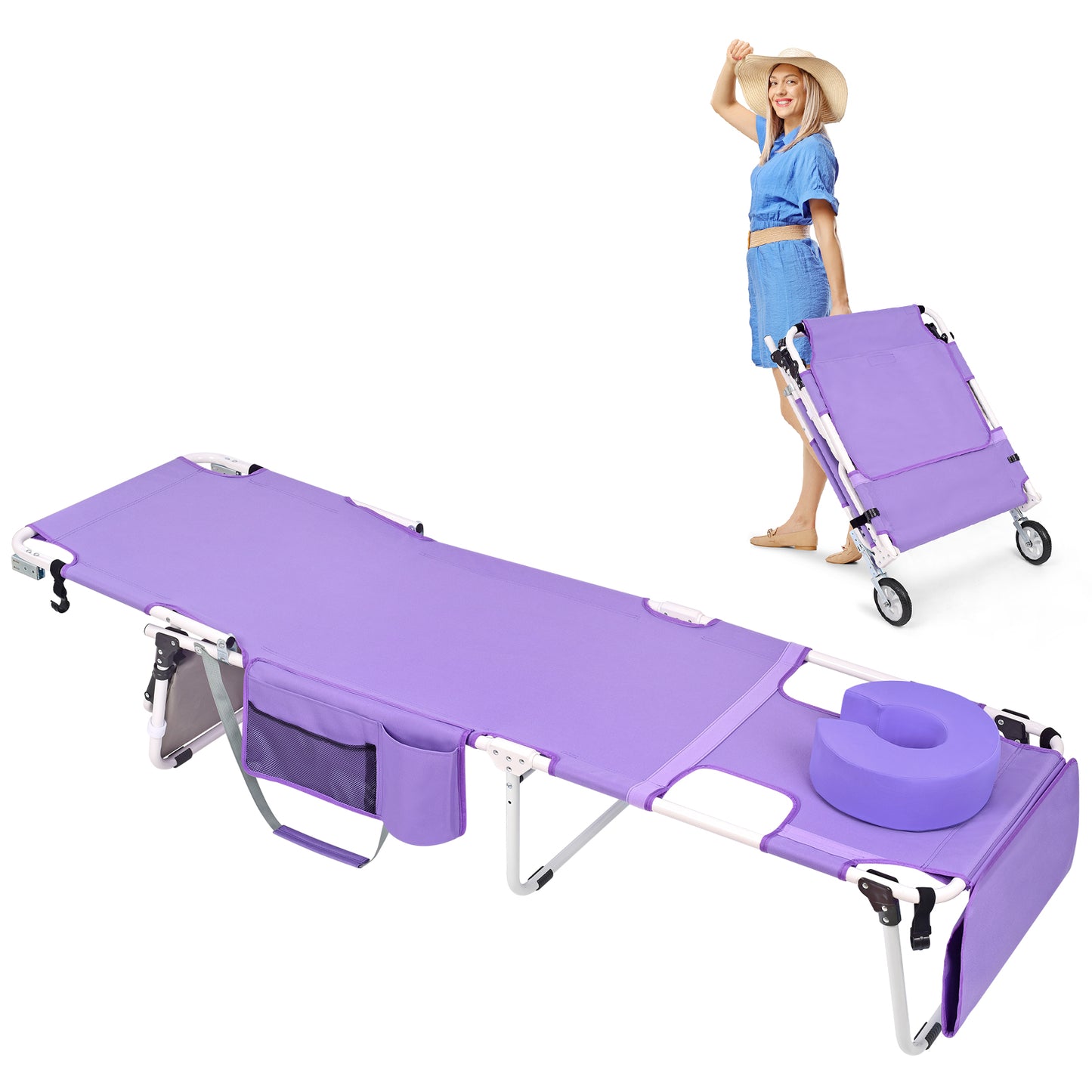 Wheel-To-Go Tanning Chair with Wheels & Face Hole & Thicker Washable Adjustable Pillow, Patent Design