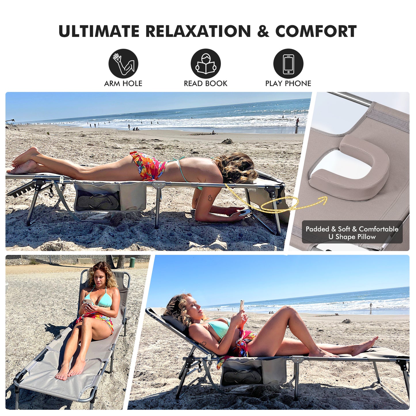 Minndudu Tanning Lounge Chair with Washable Cushion Face Arm Holes