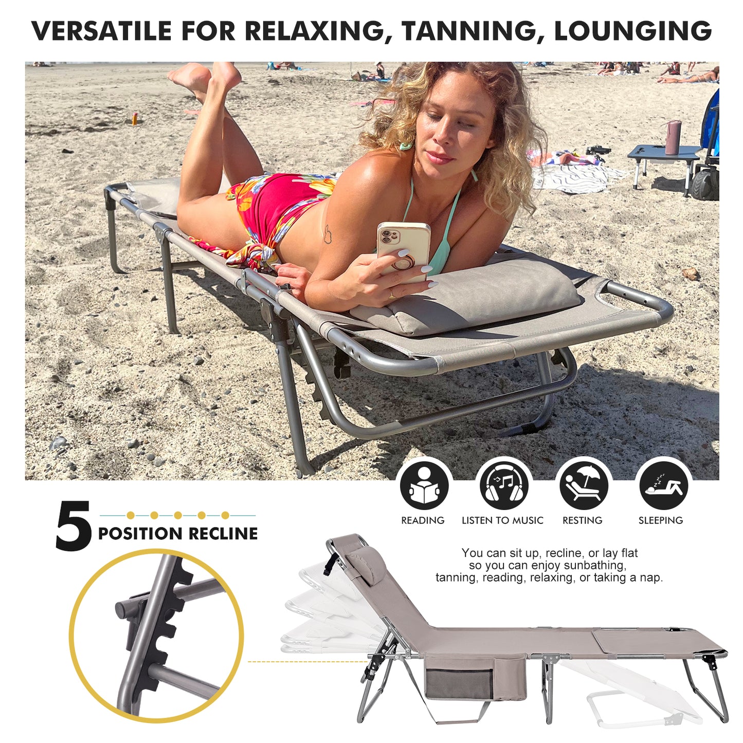 Minndudu Tanning Lounge Chair with Washable Cushion Face Arm Holes