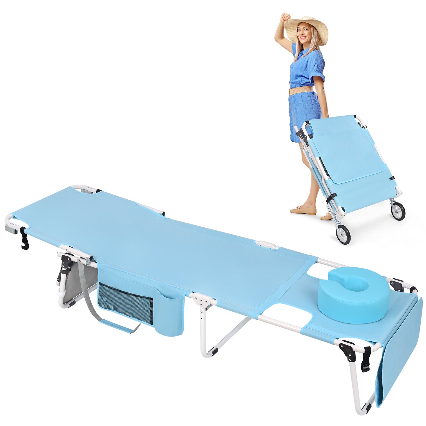 Wheel-To-Go Tanning Chair with Wheels & Face Hole & Thicker Washable Adjustable Pillow, Patent Design