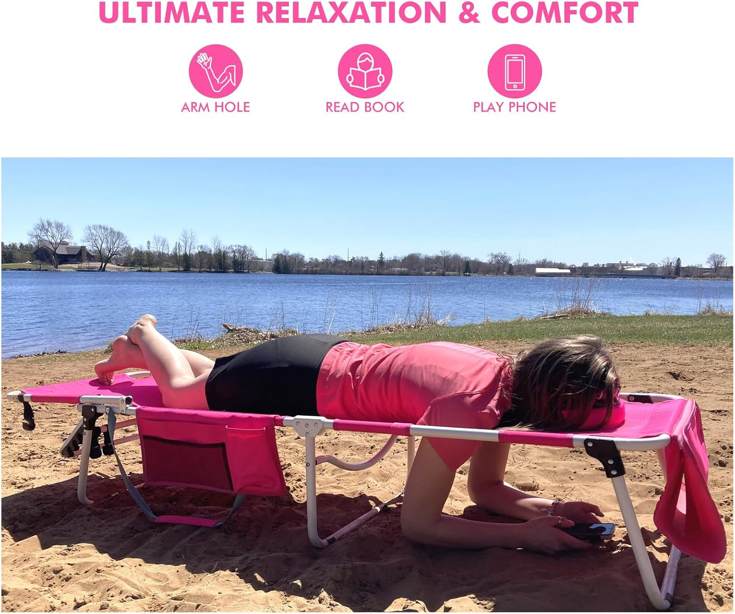 Wheel-To-Go Tanning Chair with Wheels & Adjustable Sun Canopy & Face Hole & Thicker Washable Adjustable Pillow, Patent Design