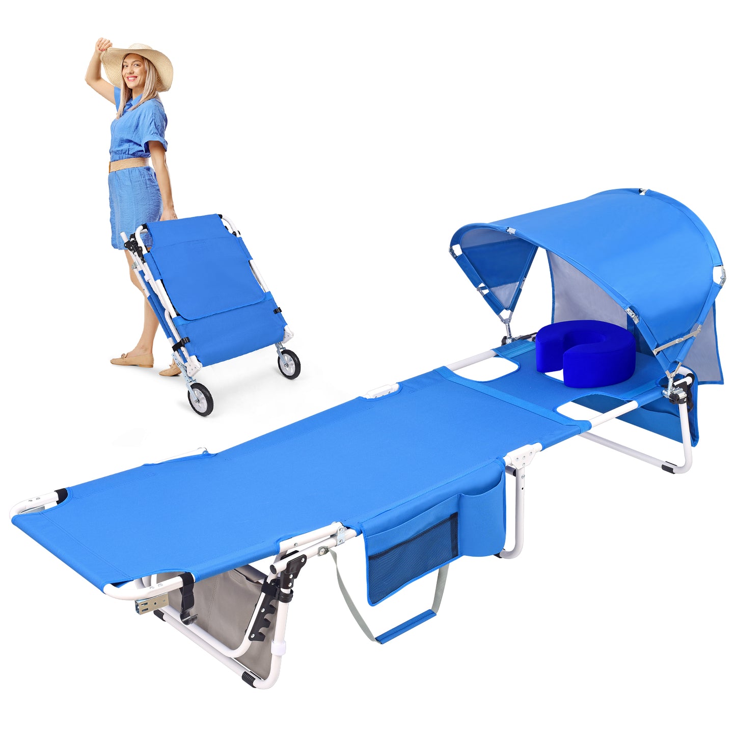 Wheel-To-Go Tanning Chair with Wheels & Adjustable Sun Canopy & Face Hole & Thicker Washable Adjustable Pillow, Patent Design
