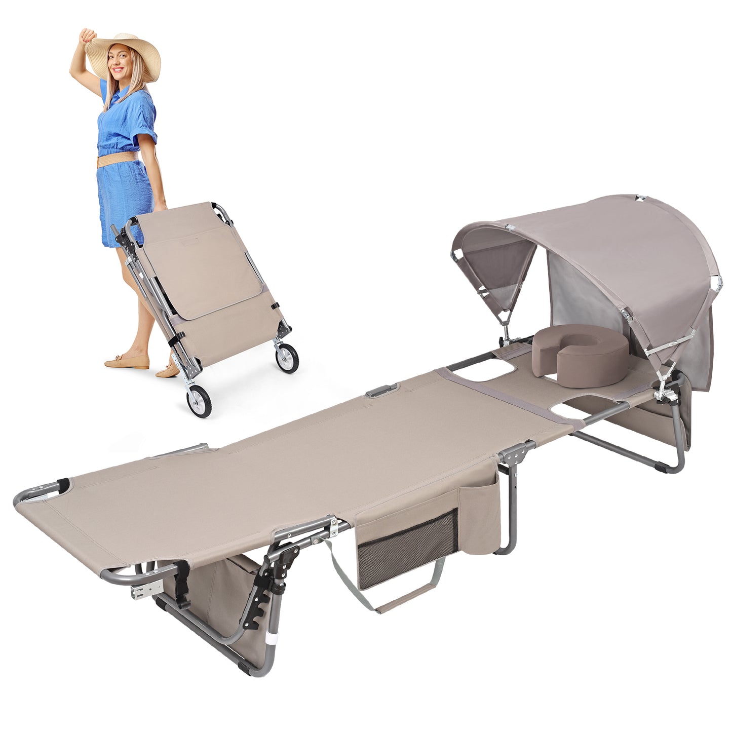 Wheel-To-Go Tanning Chair with Wheels & Adjustable Sun Canopy & Face Hole & Thicker Washable Adjustable Pillow, Patent Design