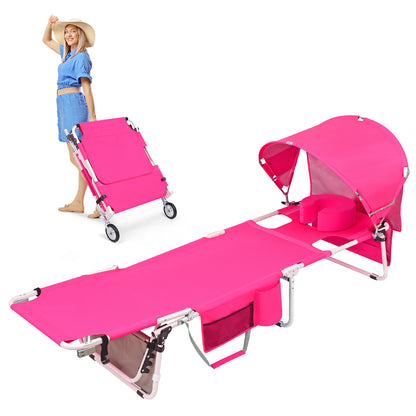 Wheel-To-Go Tanning Chair with Wheels & Adjustable Sun Canopy & Face Hole & Thicker Washable Adjustable Pillow, Patent Design