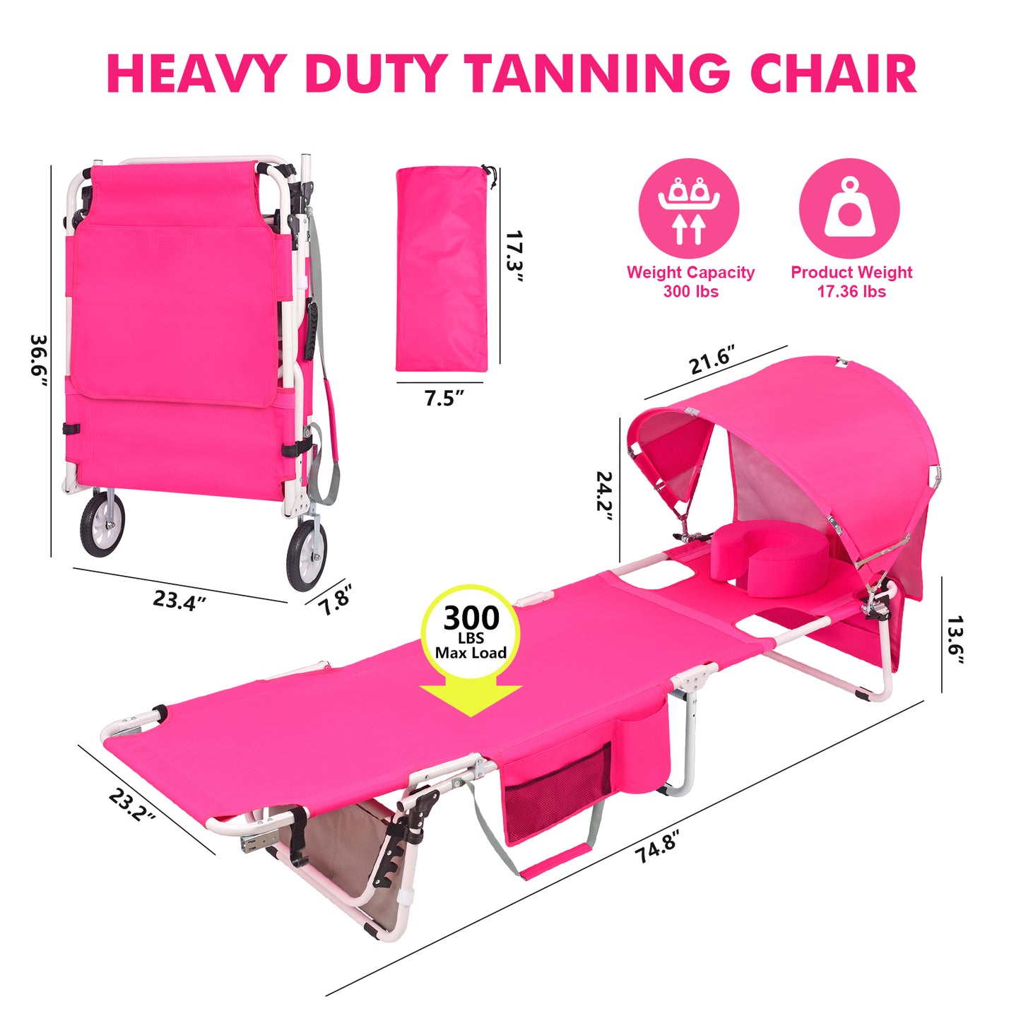 Wheel-To-Go Tanning Chair with Wheels & Adjustable Sun Canopy & Face Hole & Thicker Washable Adjustable Pillow, Patent Design