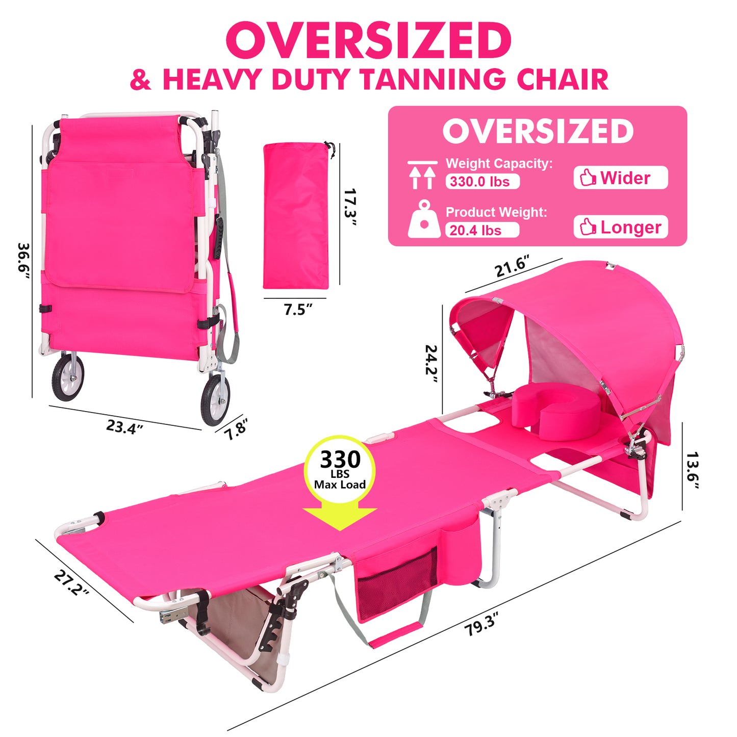 Wheel-To-Go Tanning Chair with Wheels & Adjustable Sun Canopy & Face Hole & Thicker Washable Adjustable Pillow, Patent Design
