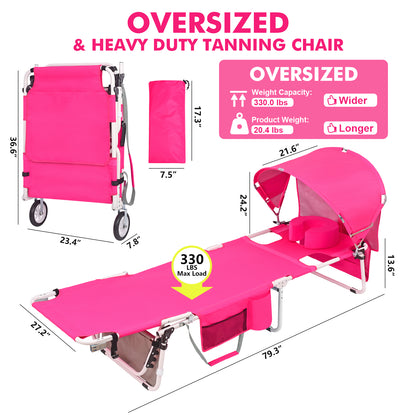 Wheel-To-Go Tanning Chair with Wheels & Adjustable Sun Canopy & Face Hole & Thicker Washable Adjustable Pillow, Patent Design