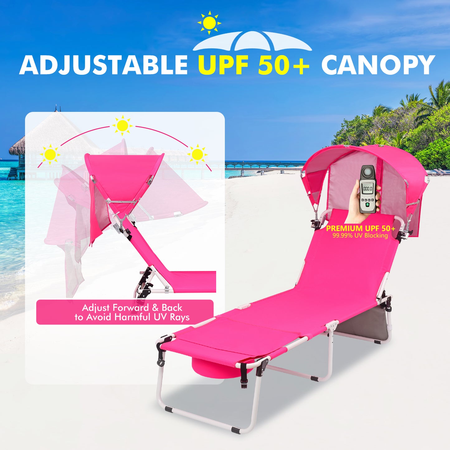 Wheel-To-Go Tanning Chair with Wheels & Adjustable Sun Canopy & Face Hole & Thicker Washable Adjustable Pillow, Patent Design