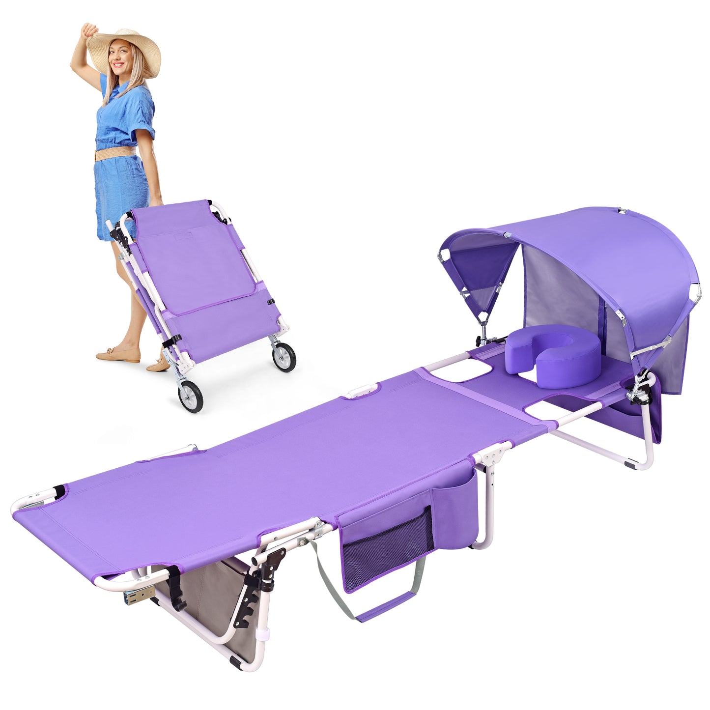 Wheel-To-Go Tanning Chair with Wheels & Adjustable Sun Canopy & Face Hole & Thicker Washable Adjustable Pillow, Patent Design