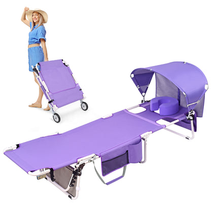Wheel-To-Go Tanning Chair with Wheels & Adjustable Sun Canopy & Face Hole & Thicker Washable Adjustable Pillow, Patent Design