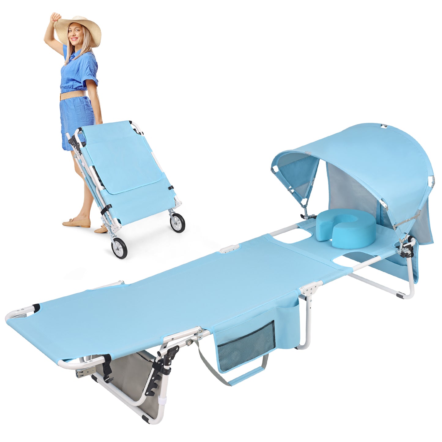 Wheel-To-Go Tanning Chair with Wheels & Adjustable Sun Canopy & Face Hole & Thicker Washable Adjustable Pillow, Patent Design